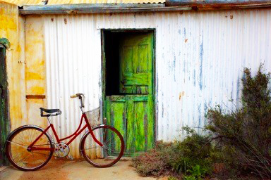 DE103 Wall décor art photographic on canvas red bicyle bt green door
